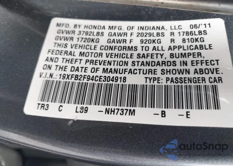 2012 Honda Civic Ex-L from USA, damaged, VIN 19XFB2F94CE304918